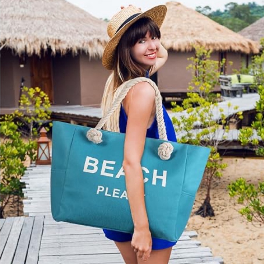 Large Canvas Beach Tote Bag with Zipper Women Swim, Travel, Shopping, Gy…
